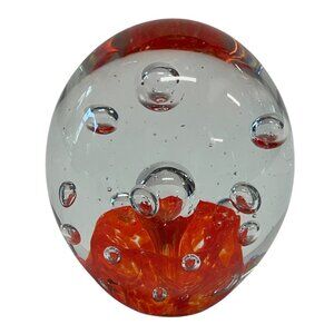 Handcrafted Clear Orange Glass Paperweight Art Piece Bubbles 3”‎ Sphere